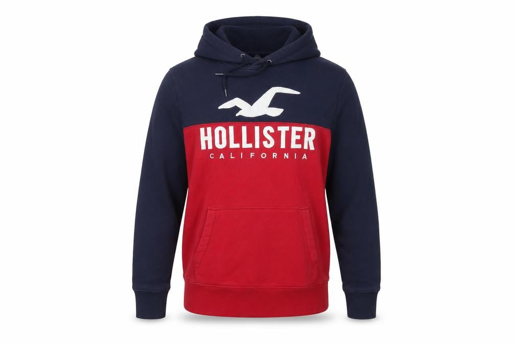 Hollister Men’s Navy Red L Pullover Hoodie Graphic Logo Pocket