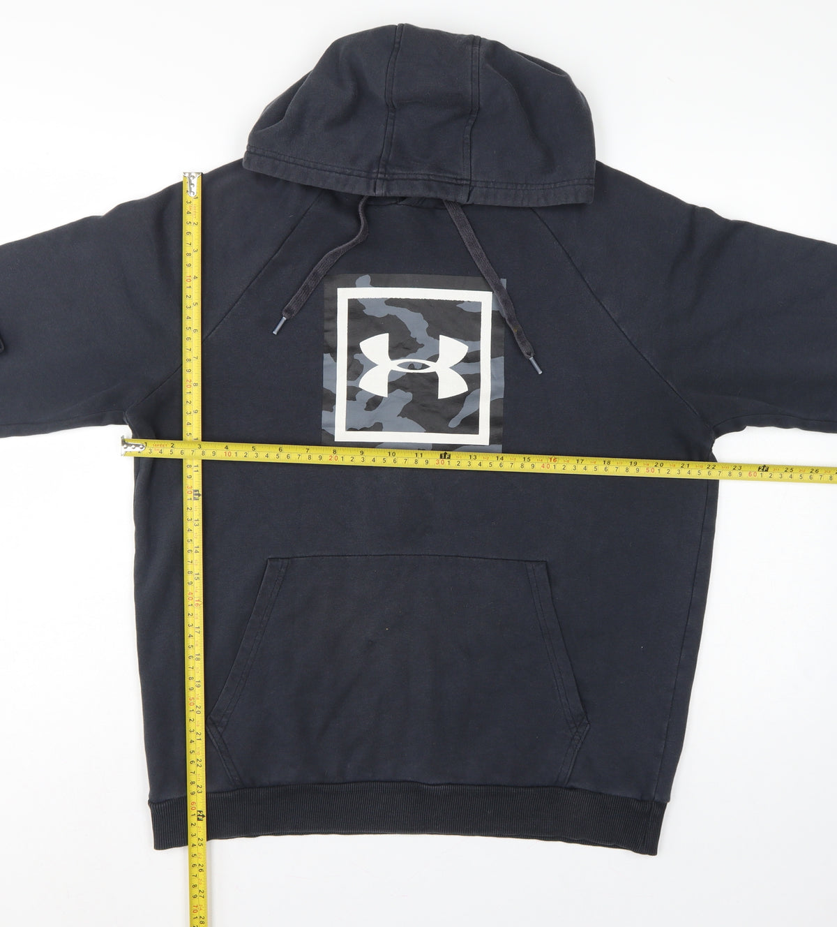 Close-up detail of Under Armour Men’s Black M Pullover Hoodie Camo Logo Fleece
