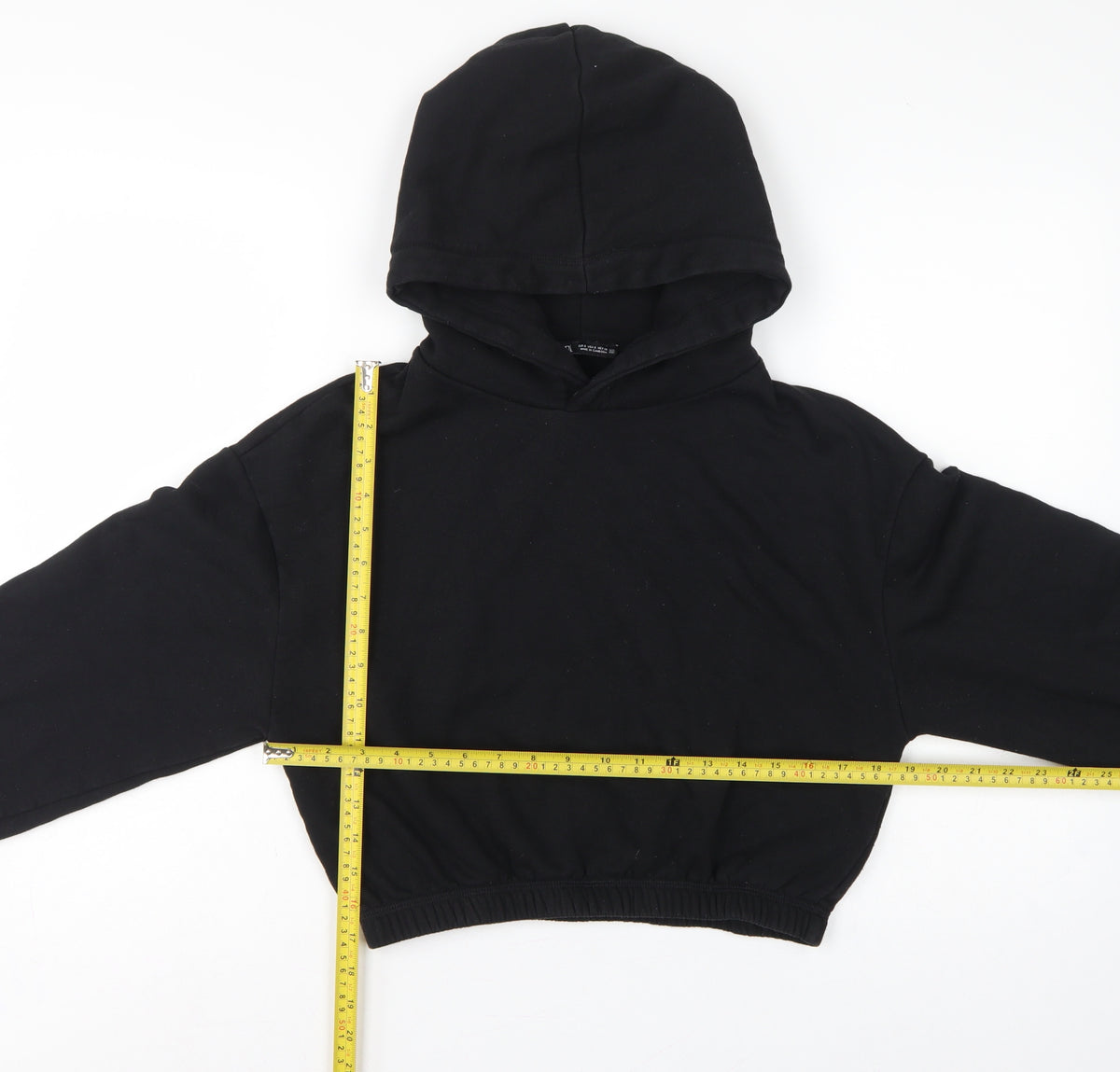Close-up detail of Zara Women Black S Cropped Pullover Hooded Sweatshirt
