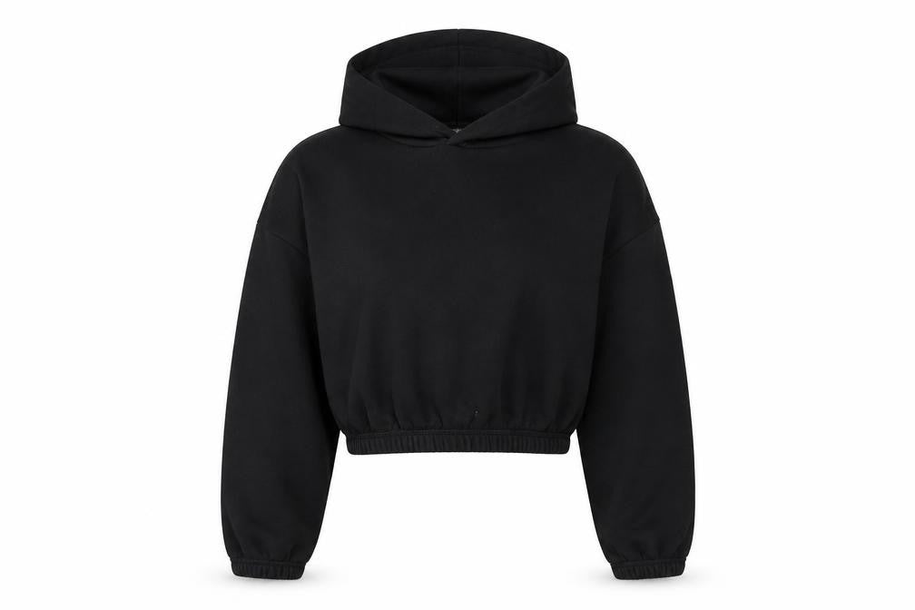 Front view of Zara Women Black S Cropped Pullover Hooded Sweatshirt