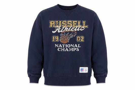 Front view of Russell Athletic unisex adults blue m pullover basketball graphic sweatshirt