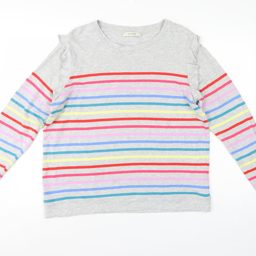 Oasis Women Grey Multicolour Striped Ruffle Long Sleeve Jersey Top L