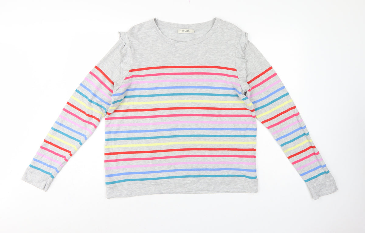 Oasis Women Grey Multicolour Striped Ruffle Long Sleeve Jersey Top L