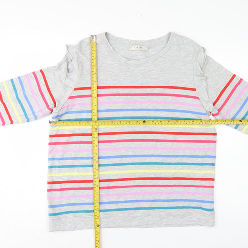Oasis Women Grey Multicolour Striped Ruffle Long Sleeve Jersey Top L