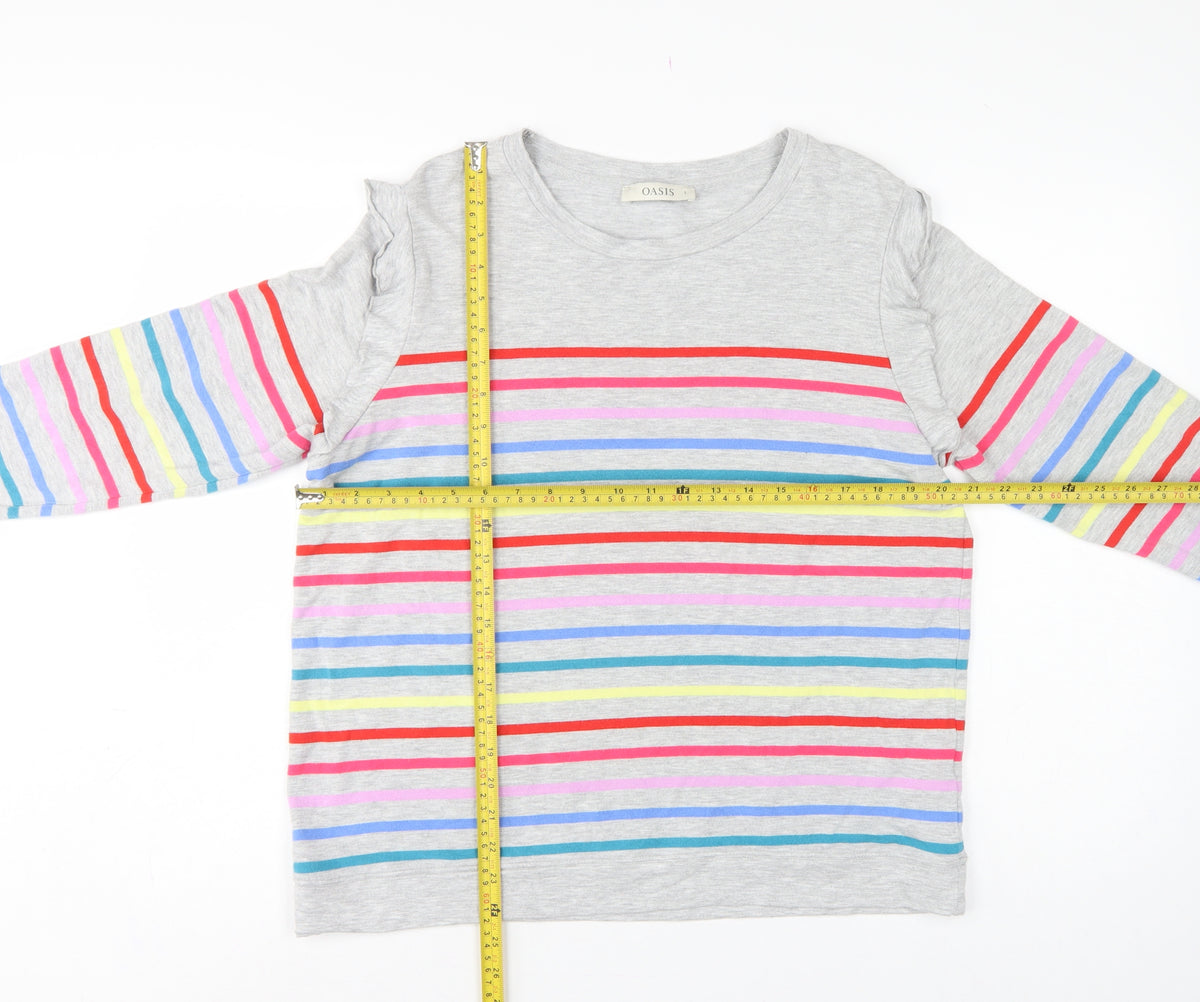 Oasis Women Grey Multicolour Striped Ruffle Long Sleeve Jersey Top L
