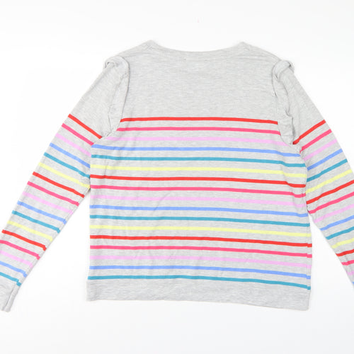 Oasis Women Grey Multicolour Striped Ruffle Long Sleeve Jersey Top L
