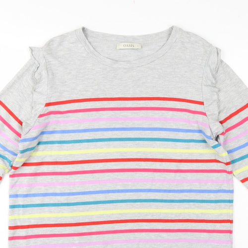 Oasis Women Grey Multicolour Striped Ruffle Long Sleeve Jersey Top L