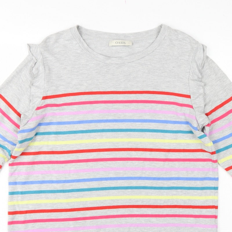 Oasis Women Grey Multicolour Striped Ruffle Long Sleeve Jersey Top L