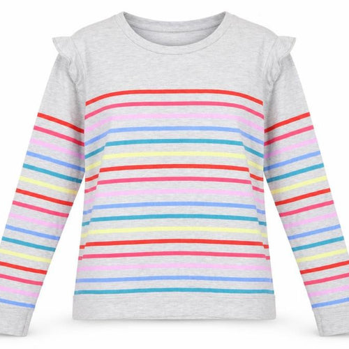 Oasis Women Grey Multicolour Striped Ruffle Long Sleeve Jersey Top L