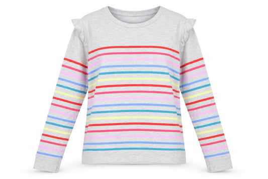 Oasis Women Grey Multicolour Striped Ruffle Long Sleeve Jersey Top L