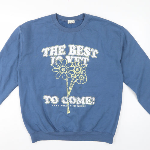 River Island Women Blue M Pullover Sweatshirt Flower Slogan Graphic