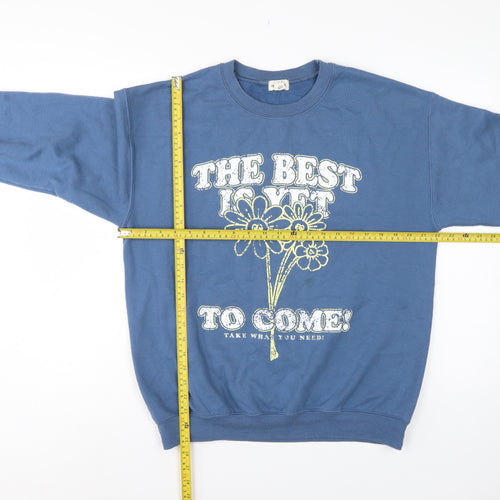 River Island Women Blue M Pullover Sweatshirt Flower Slogan Graphic