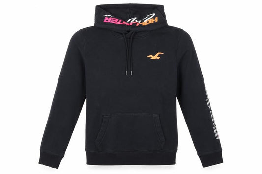 Hollister Men Black XL Pullover Hoodie Graphic Logo Kangaroo Pocket