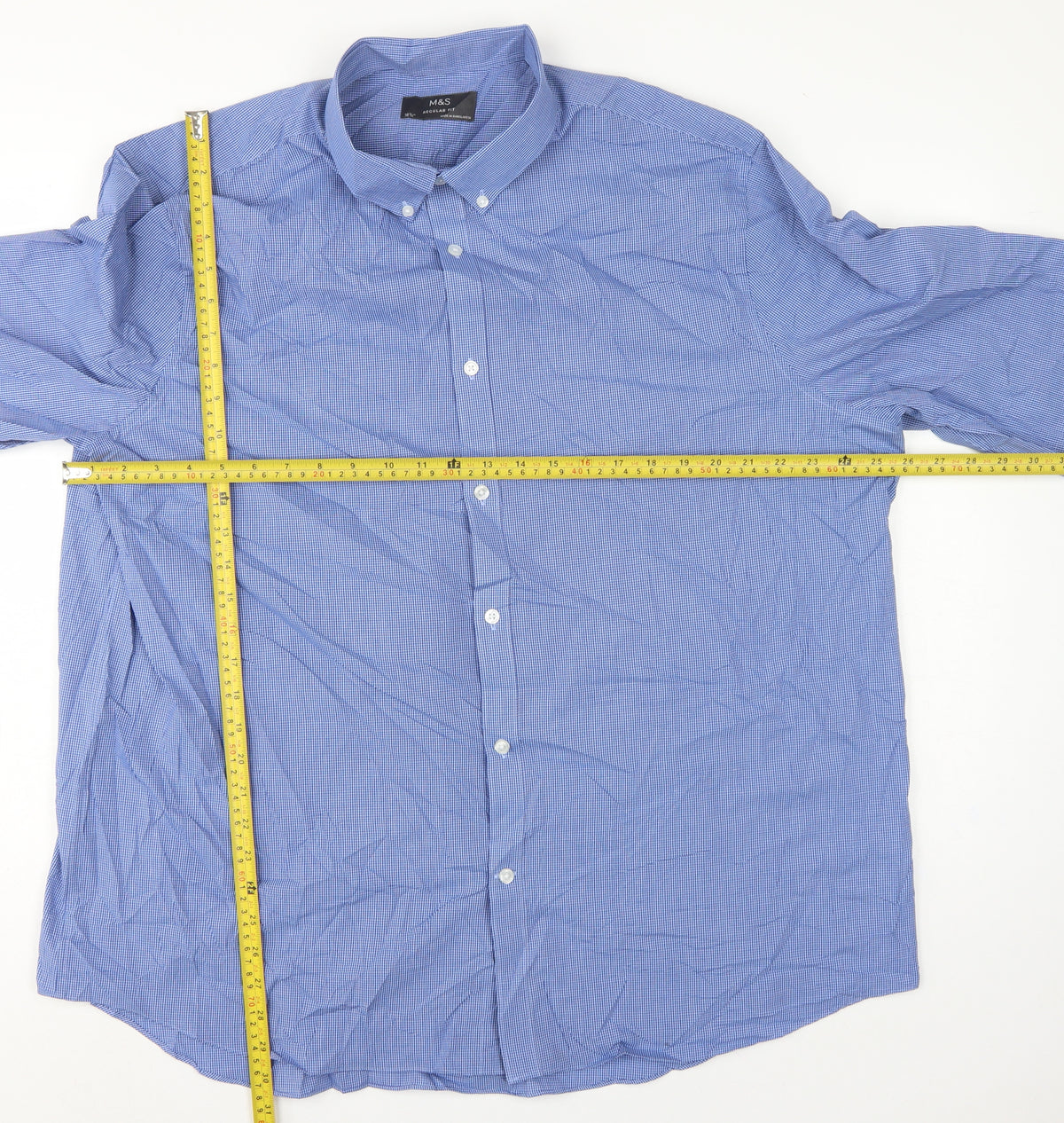 Marks and Spencer Mens Blue Gingham Regular Fit 18.5 Button-Down Shirt