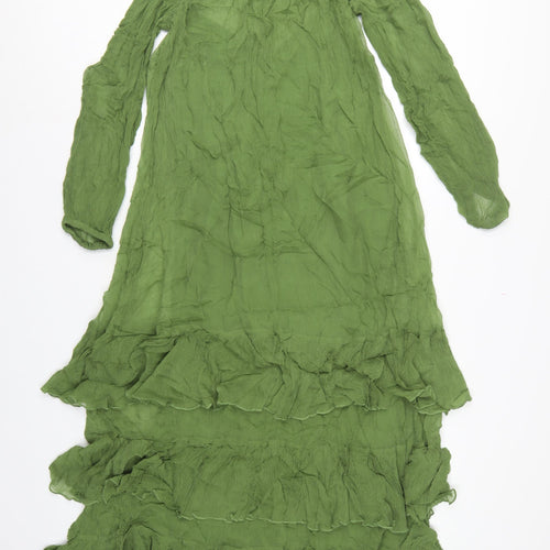 M&S Women Green UK 10 Long Fit & Flare Ruffle Cupro Bohemian Dress
