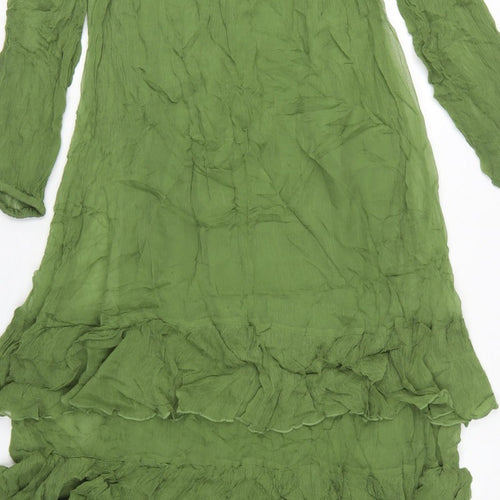 M&S Women Green UK 10 Long Fit & Flare Ruffle Cupro Bohemian Dress