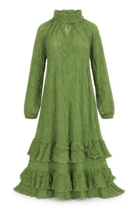Front view of M&S Women Green UK 10 Long Fit & Flare Ruffle Cupro Bohemian Dress