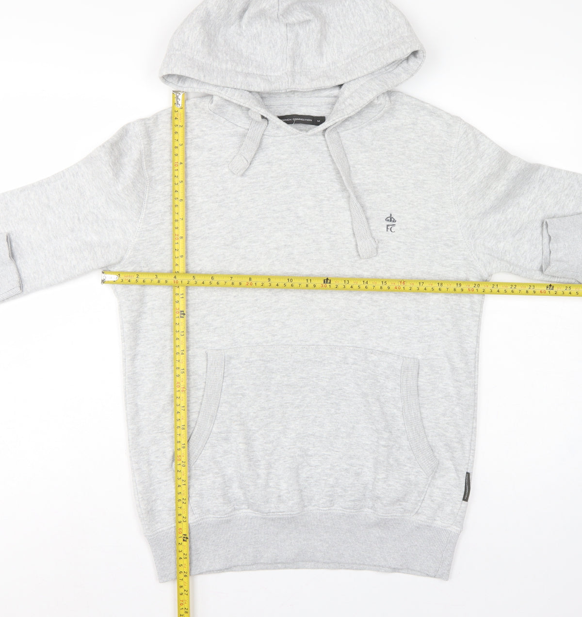 French Connection Men Grey M Pullover Hoodie Embroidered Logo Cotton Blend