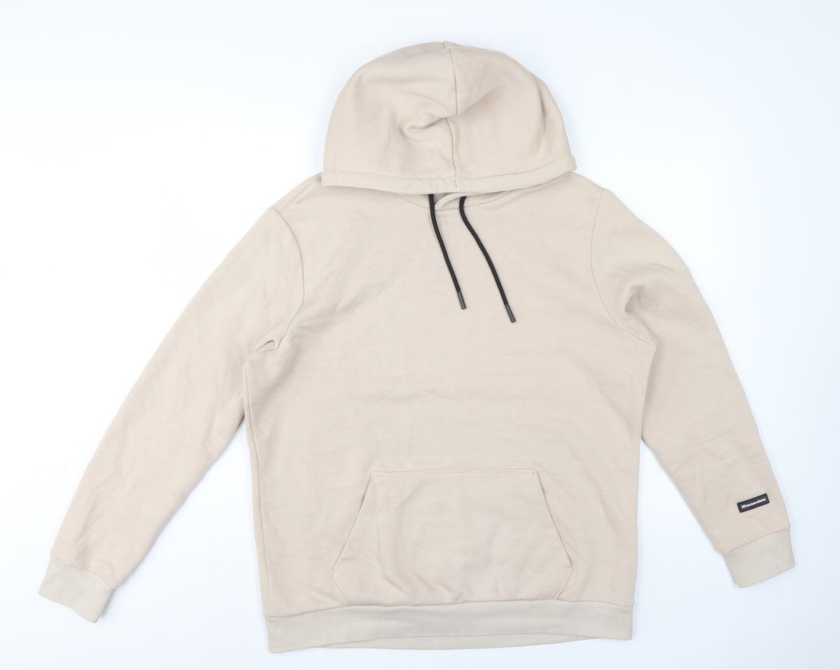 Back view of Bershka Men’s Beige M Regular Fit Pullover Hoodie Fleece Pocket