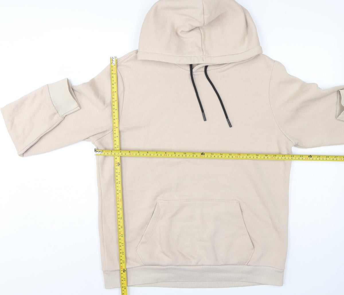 Close-up detail of Bershka Men’s Beige M Regular Fit Pullover Hoodie Fleece Pocket