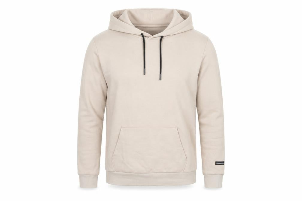 Front view of Bershka Men’s Beige M Regular Fit Pullover Hoodie Fleece Pocket