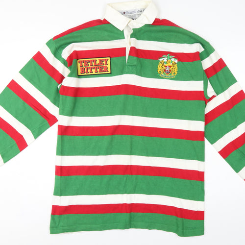 Cotton Oxford Mens L Green Red White Striped Long Sleeve Rugby Polo