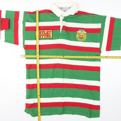Cotton Oxford Mens L Green Red White Striped Long Sleeve Rugby Polo