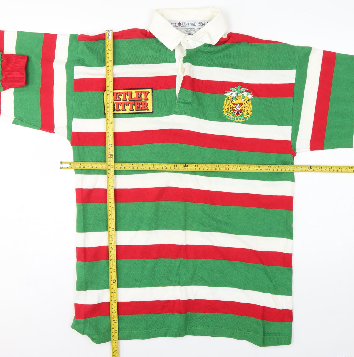 Cotton Oxford Mens L Green Red White Striped Long Sleeve Rugby Polo