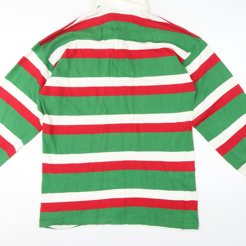 Cotton Oxford Mens L Green Red White Striped Long Sleeve Rugby Polo