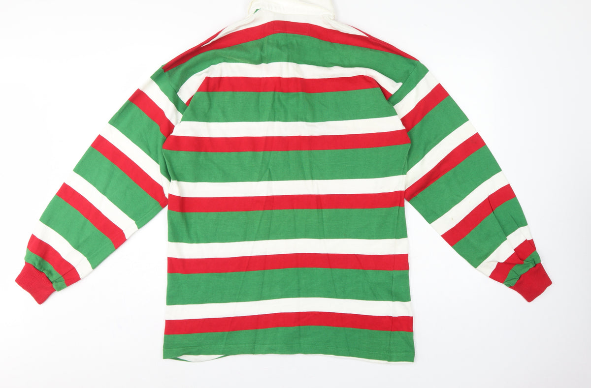 Cotton Oxford Mens L Green Red White Striped Long Sleeve Rugby Polo