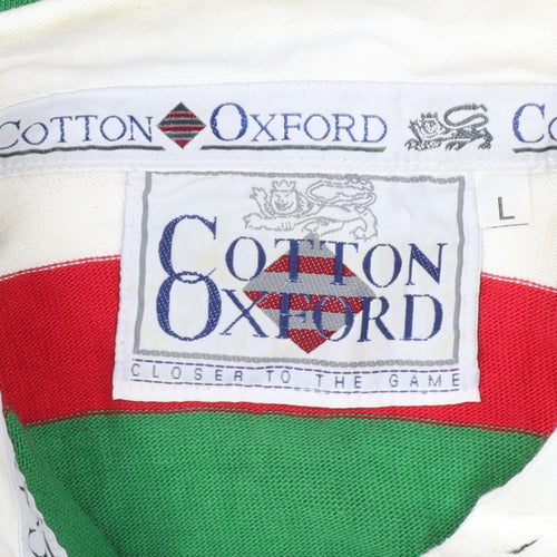 Cotton Oxford Mens L Green Red White Striped Long Sleeve Rugby Polo