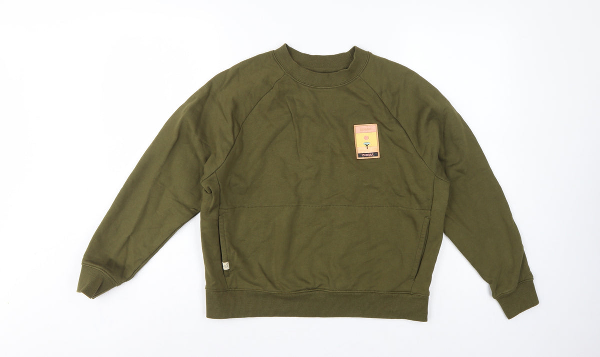 Back view of Idioma Women Green XS Organic Cotton Pullover Sweatshirt Pocket Logo