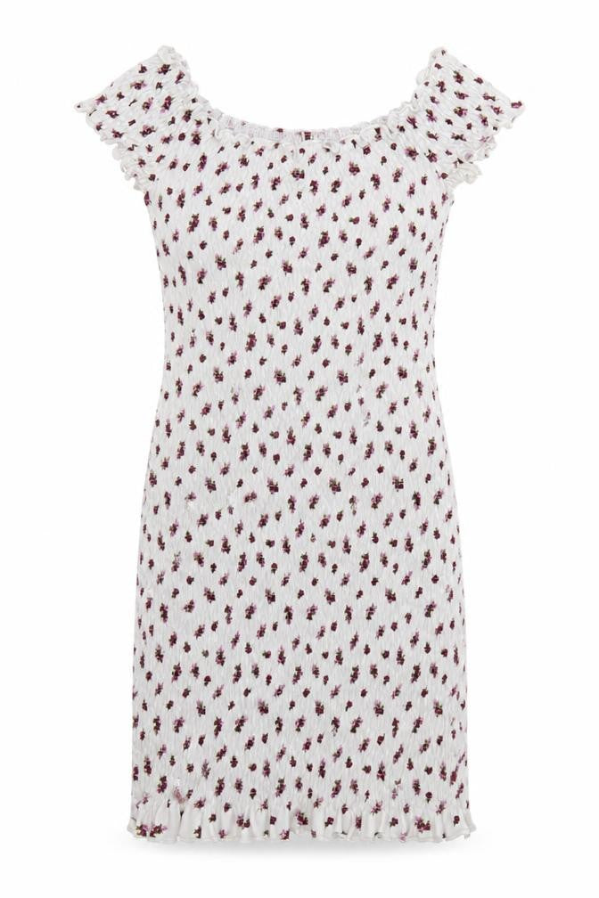 Pull&Bear Women White Floral Smocked Mini Bodycon Dress UK 8