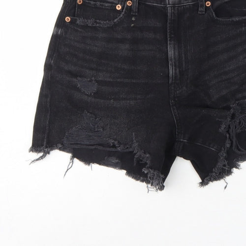 American Eagle Women Black UK 10 High Rise Distressed Denim Cut-Off Shorts