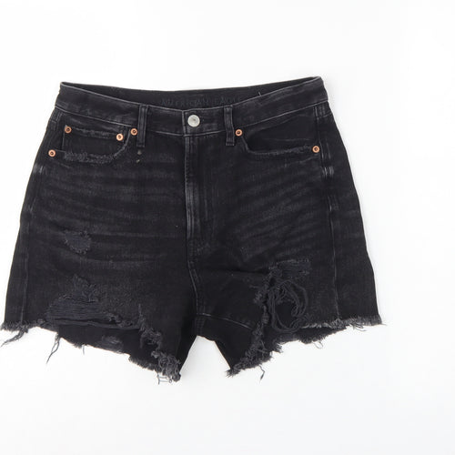 American Eagle Women Black UK 10 High Rise Distressed Denim Cut-Off Shorts