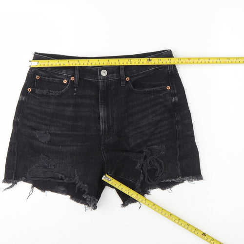 American Eagle Women Black UK 10 High Rise Distressed Denim Cut-Off Shorts