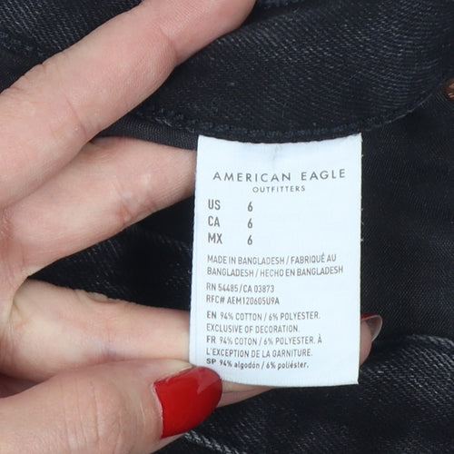 American Eagle Women Black UK 10 High Rise Distressed Denim Cut-Off Shorts