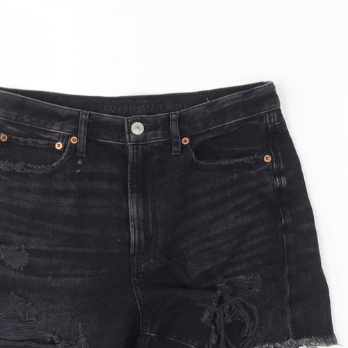 American Eagle Women Black UK 10 High Rise Distressed Denim Cut-Off Shorts