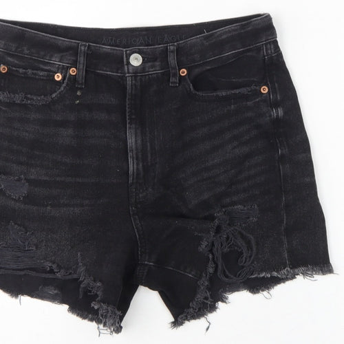 American Eagle Women Black UK 10 High Rise Distressed Denim Cut-Off Shorts
