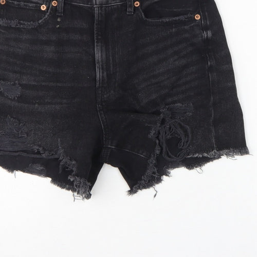 American Eagle Women Black UK 10 High Rise Distressed Denim Cut-Off Shorts