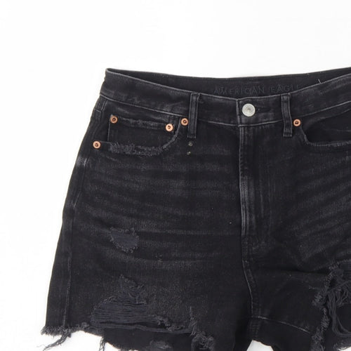 American Eagle Women Black UK 10 High Rise Distressed Denim Cut-Off Shorts
