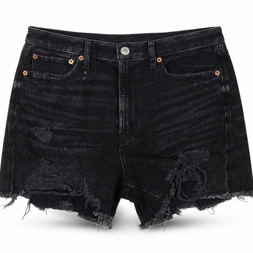 American Eagle Women Black UK 10 High Rise Distressed Denim Cut-Off Shorts