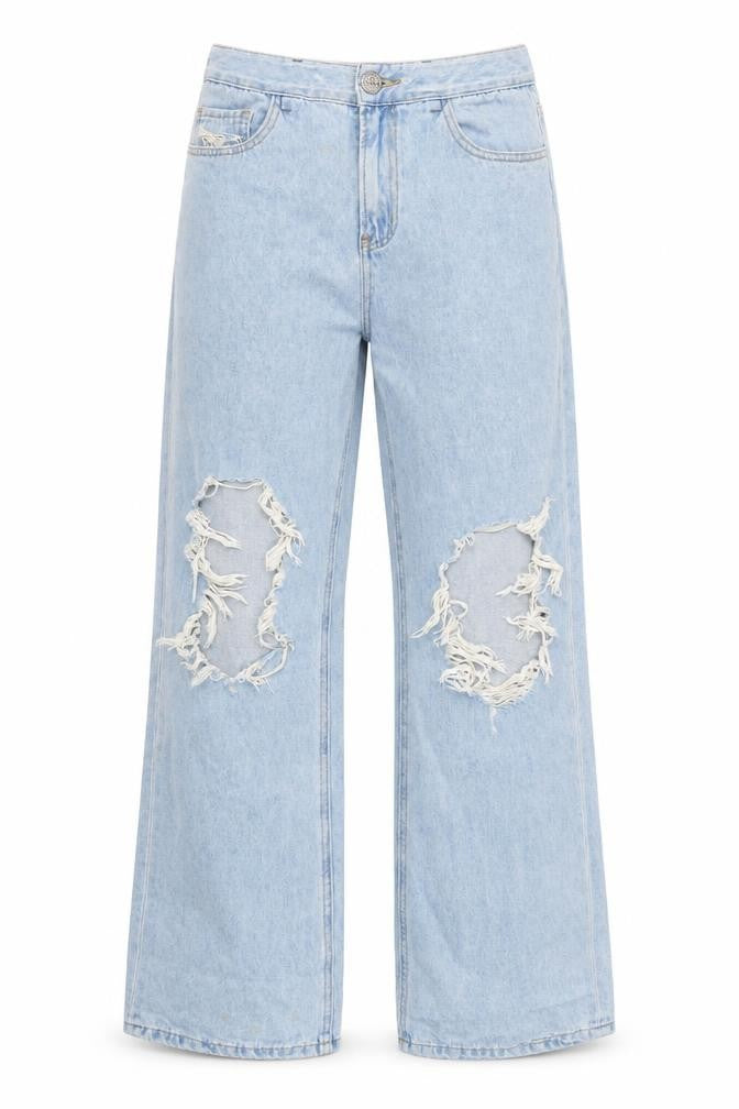 Masonprince Women’s Blue S High Rise Distressed Wide-Leg Jeans