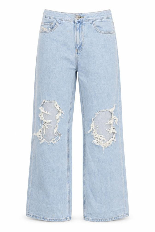 Masonprince Women’s Blue S High Rise Distressed Wide-Leg Jeans