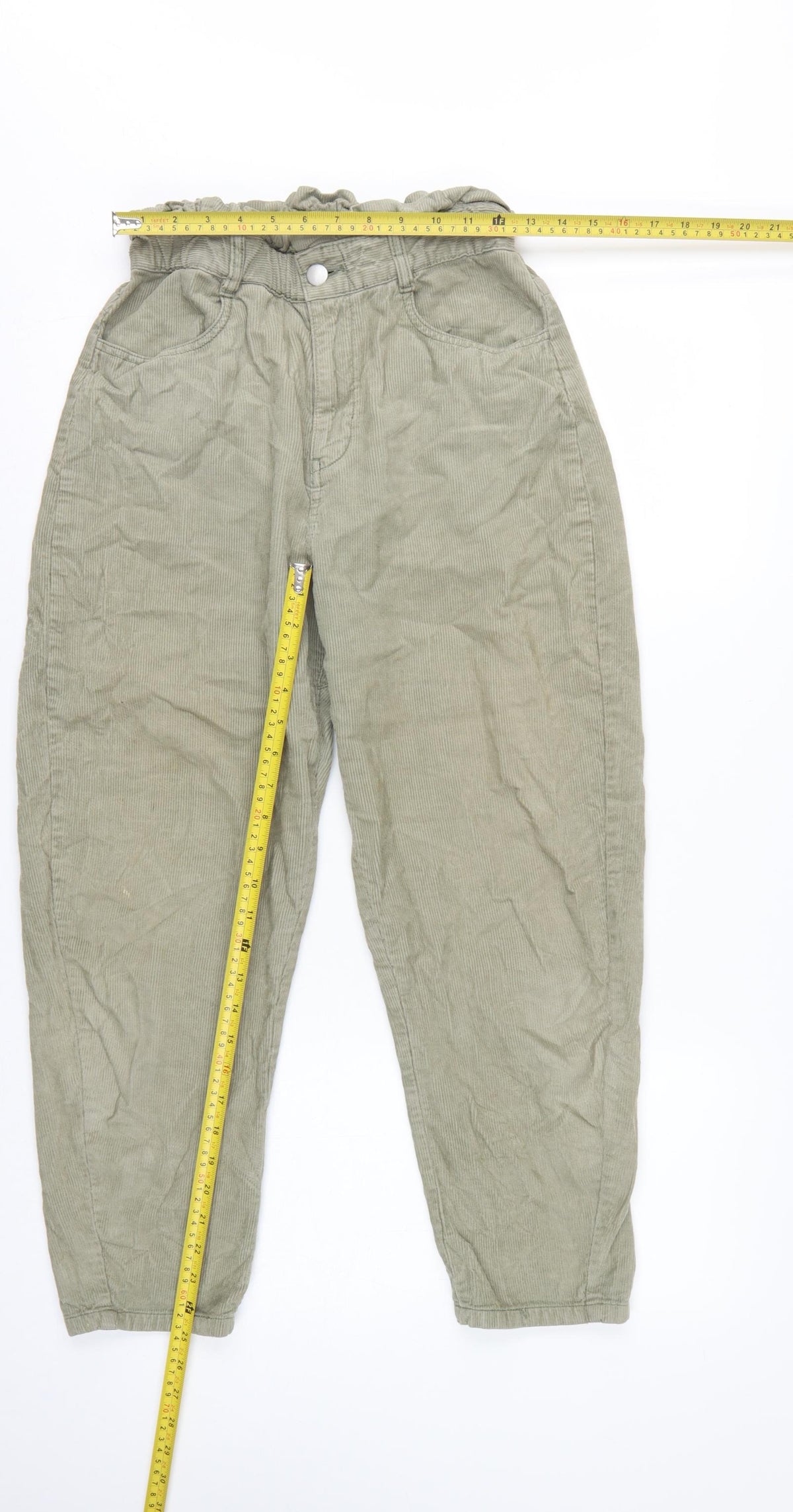Zara Women Green UK 8 Paperbag Corduroy Tapered Trousers