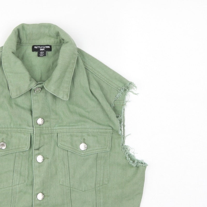 PrettyLittleThing Women Green UK 12 Cropped Denim Frayed Waistcoat