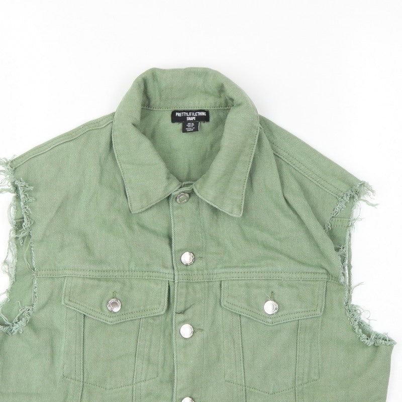 PrettyLittleThing Women Green UK 12 Cropped Denim Frayed Waistcoat