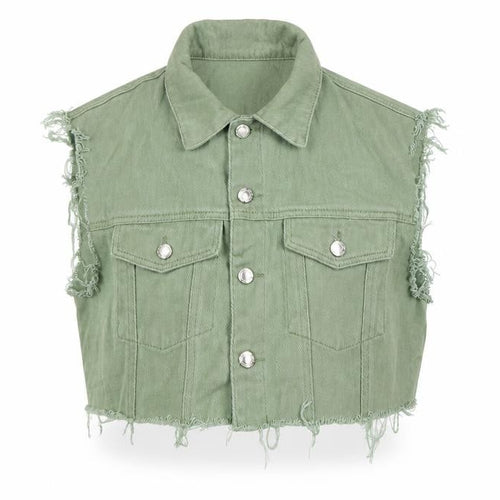 PrettyLittleThing Women Green UK 12 Cropped Denim Frayed Waistcoat