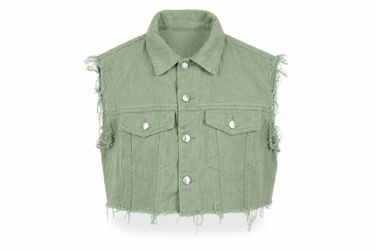 PrettyLittleThing Women Green UK 12 Cropped Denim Frayed Waistcoat