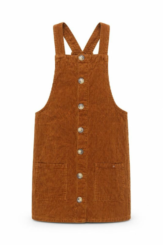 Front view of Denim Co Women Brown Corduroy Pinafore Dress UK 8 Button Pocket Mini
